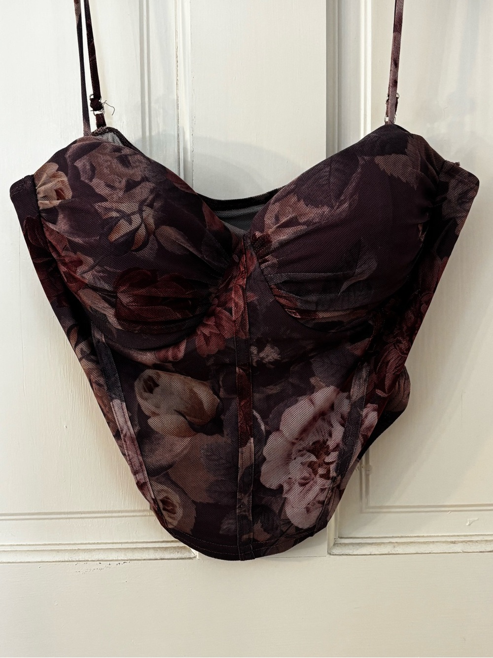 Floral Mesh Bustier Top in Deep Plum and Mauve